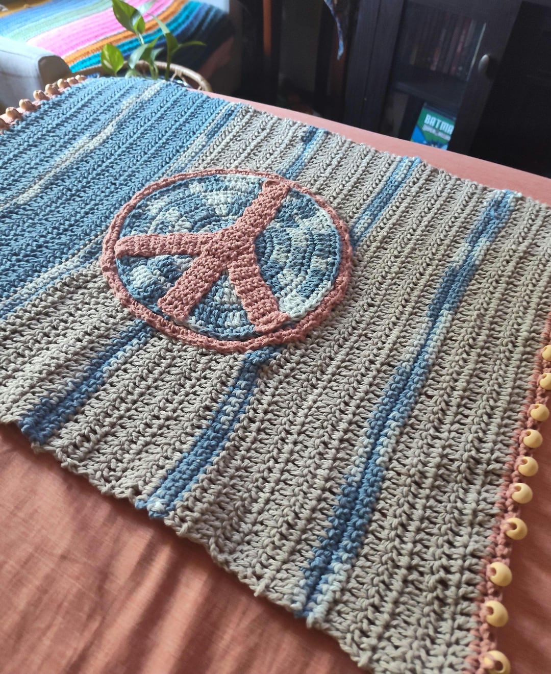 Blue Striped Peace Sign Crochet Rug: Beaded Cotton Applique - Etsy
