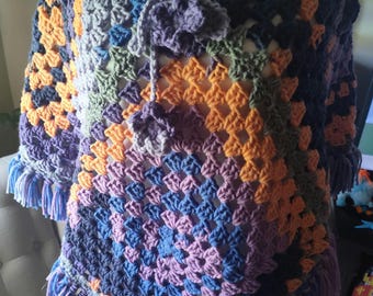Purple Pixie Stick Crochet Poncho with Tassels & Flower Drawstring. Women's Size Large.