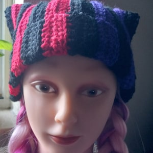 Split Striped Cat Ear Beanie Hat. Crochet Hat.