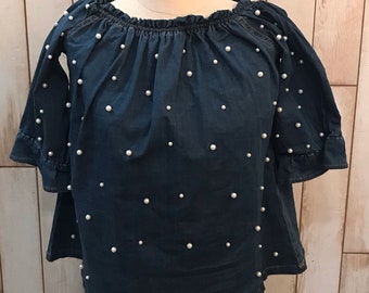 denim blouse with pearls