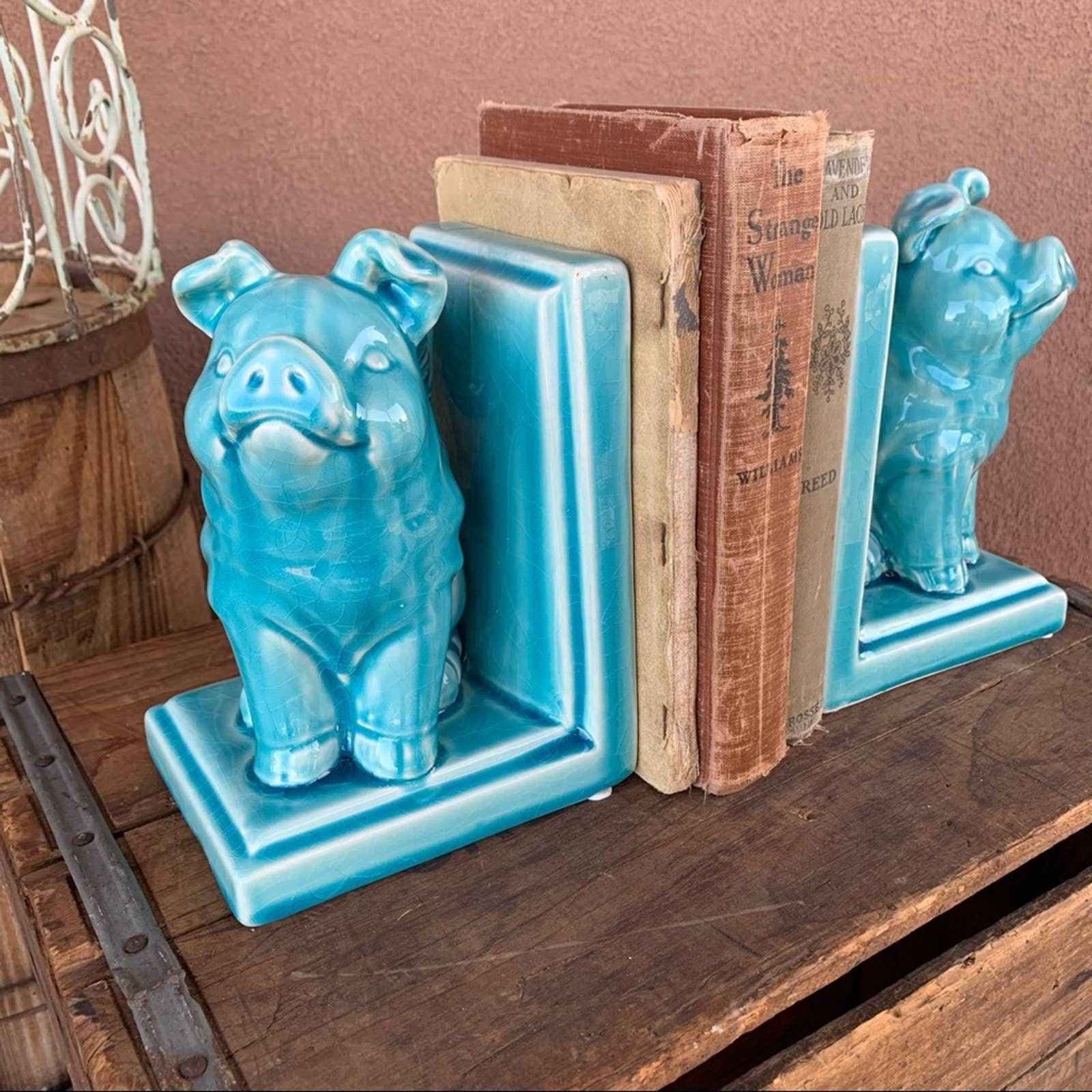 Blue Crackle Glazed Pig Bookends Etsy