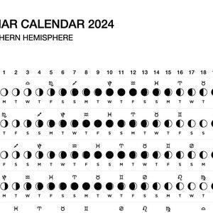 2024 Lunar Calendar Minimal Printable. Moon Phases. Lunar cycles. Zodiac Signs A3 A4. Astrology Pagan Wiccan. Digital Grimoire Pages