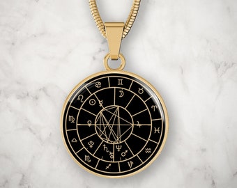 Colar com pingente de mapa natal personalizado, dourado. Astrologia personalizada. Presente de aniversário. Joias do zodíaco. Sigilo de talismã com pingente de bruxa.