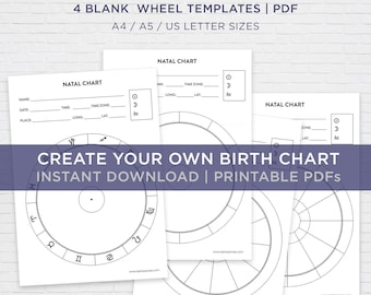 Roue blanche de diagramme natal d’astrologie. Feuille de travail imprimable. Birth Chart PDF Télécharger. Haute résolution A4, A5, Lettre des États-Unis. Pages Grimoire numériques