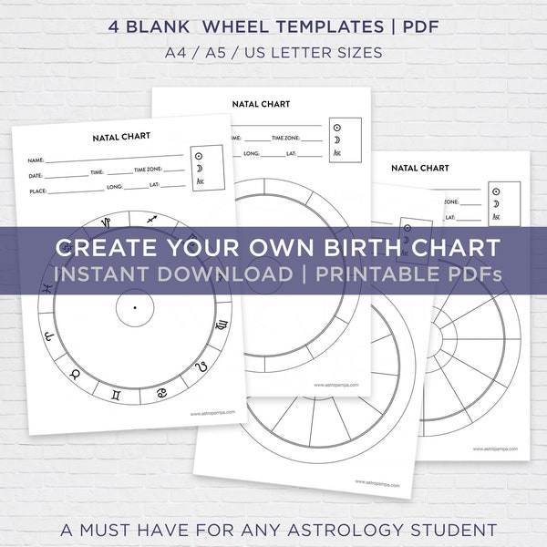 Blank Astrology Natal Chart Wheel. Printable Worksheet. Birth Chart PDF Download. High resolution A4, A5, US Letter. Digital Grimoire pages