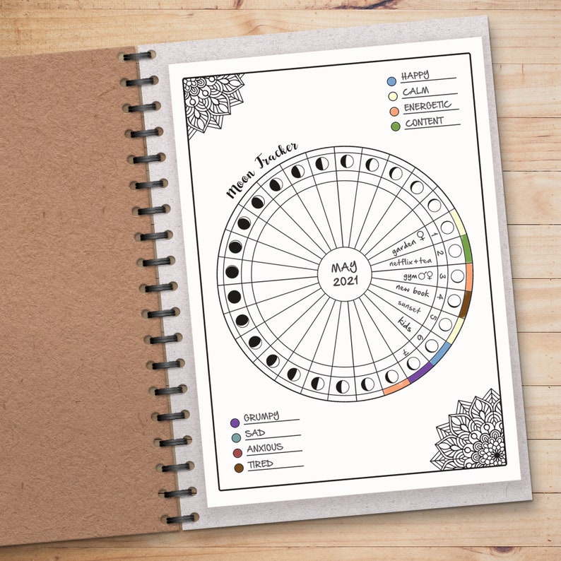 Moon Cycle & Mood Tracker. Lunar Phases Printable. Grimoire Pages Book of Shadows. Astrology, Monthly Self Care. Gratitude Intention. Goals image 2