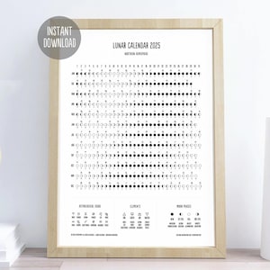 Calendario lunar 2025 para imprimir. Fases lunares. Con signos del zodiaco. Ciclos lunares. Astrología A3 A4 Descargable. Pagano Wiccan. Grimorio cósmico