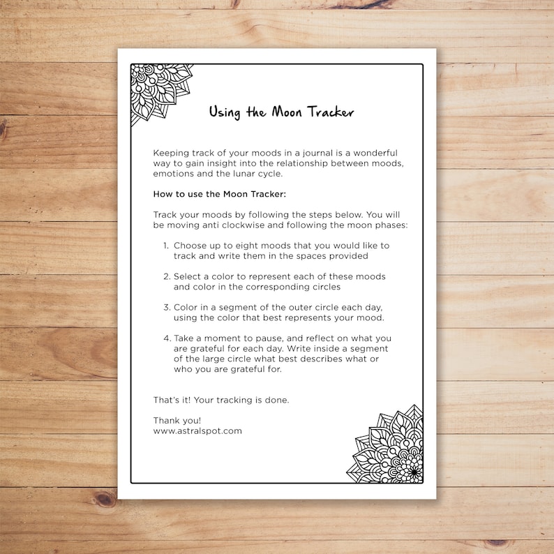 May include: Black and white printable worksheet with instructions on how to use a moon tracker to track moods. The worksheet includes a large circle divided into segments and smaller circles for recording moods.