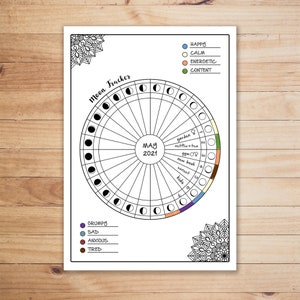 May include: A printable moon tracker for May 2021. The tracker is a circle with 30 sections, each representing a day of the month. Each section has a moon phase, a space for a mood tracker, and a space for a daily activity. The tracker is surrounded by a mandala design.