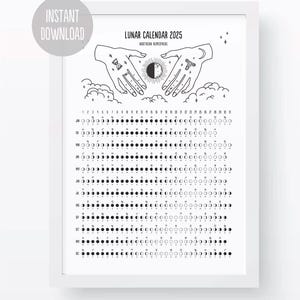 Kalendarz księżycowy 2025 do wydrukowania. Planer faz księżyca. Cykle Znaki zodiaku Astrologia A3 A4 Pobierz Księgę Cieni Grimoire. Kosmiczny