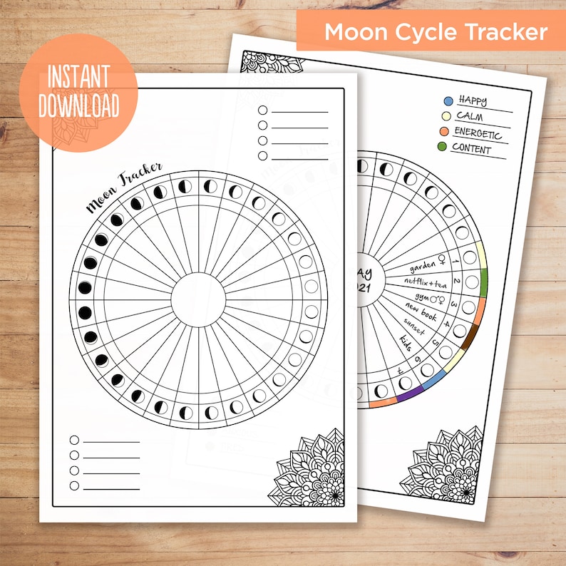 Moon Cycle & Mood Tracker. Lunar Phases Printable. Grimoire Pages Book of Shadows. Astrology, Monthly Self Care. Gratitude Intention. Goals image 1
