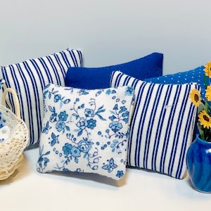 Miniature Dollhouse Farmhouse blue and white pillows