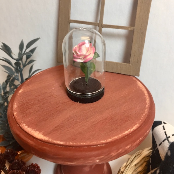 Miniature Dollhouse Glass Dome with Rose