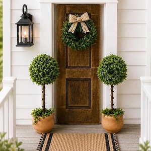 Op de afbeelding: Een uitnodigende veranda met een houten deur versierd met een groene krans en een geweven strik. Twee topiary bomen in terracotta potten flankeren de deur, en een geweven deurmat maakt de look compleet. Een zwarte lantaarn hangt.