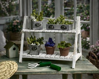 Estante de jardín para casa de muñecas en miniatura con plantas en maceta