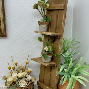 Op de afbeelding: Een miniatuur houten plantenstandaard met drie planken, elk met een kleine potplant. Een gevlochten mand gevuld met gedroogde bloemen en een terracotta pot met groen zijn ook aanwezig, waardoor een rustieke, decoratieve display ontstaat.