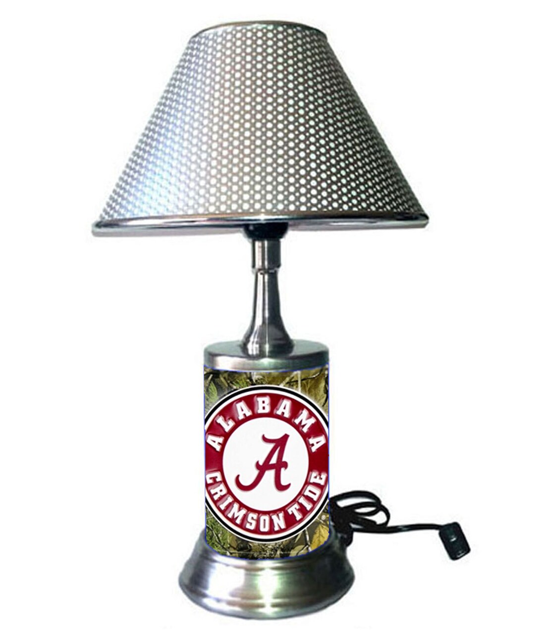 Alabama Crimson Tide Lamp With Chrome Finish Shade, Woodland Metal Plate Rolled in on the Lamp