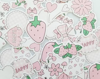 Strawberry Stickers (Pink) - Fruit Planner Scrapbooking Stickers Set - Whimsical Kawaii Stickers