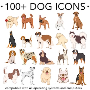 May include: A collection of over 100 dog icons in various breeds, including a Golden Retriever, Poodle, and Bulldog. The image includes paw prints and the text "100+ DOG ICONS" and "compatible with all operating systems and computers."
