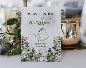 Winter Wedding Guest Book Sign Template, Snowy Christmas Please Sign Our Guestbook Sign, Greenery Photo Guest Book Idea, Wedding Signage-GEN