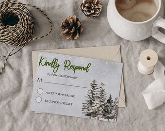 Winter Wedding RSVP Card Template, Editable Snowy Christmas Response Card, Pine Wedding Please Reply Card, Forest, Woodsy Invite -GEN