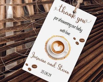 A Baby is Brewing Baby Shower Thank You Tag, Coffee Theme Baby Shower Gift Tag Template, Editable Sticker Label-CF17