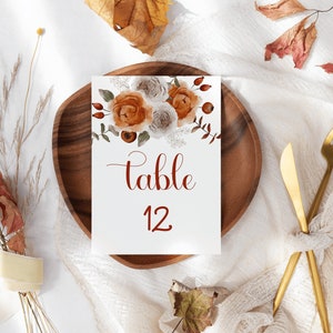 Fall Floral Wedding Table Number Card, Rustic Autumn Wedding Seating Plan, Burnt Orange Wedding Table Number Template, Editable HARP image 1