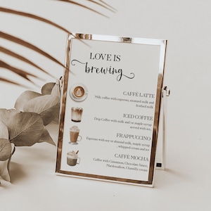 Modelo de sinalização de menu de café Love Is Brewing, menu minimalista de bebidas de café para casamento, cafeteria editável, sinalização de cafeteria, sinalização de casamento