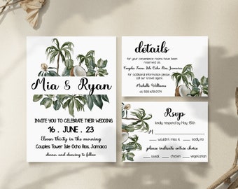 Tropical Wedding Invitation Suite, Beach Wedding Invite Set, Destination Printable  Template, Editable RSVP and Details Card, Palm Tree-MIA