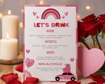 Valentine's Drink Menu Template, Editable Galentine's Bar Sign, Retro Party Bar Menu, Let's Drink Hearts Menu, Valentine's Cocktails-VP2