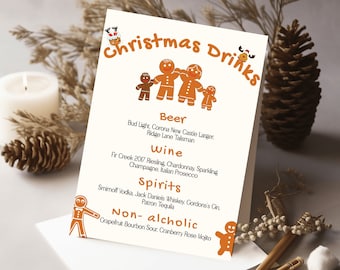 Christmas Bar Menu, Editable Gingerbread Drink Sign, Christmas Party Drink Menu, Wedding Bar Menu, Holiday Drink Sign, Cocktails Sign-GB1