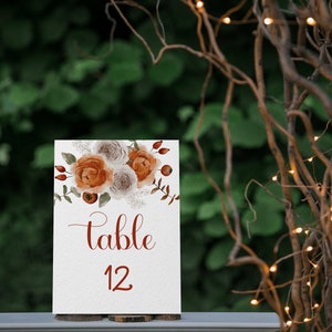 Fall Floral Wedding Table Number Card, Rustic Autumn Wedding Seating Plan, Burnt Orange Wedding Table Number Template, Editable HARP image 4