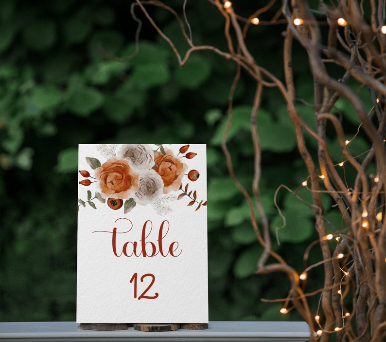 Fall Floral Wedding Table Number Card, Rustic Autumn Wedding Seating Plan, Burnt Orange Wedding Table Number Template, Editable HARP image 4