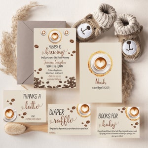 Baby braut Baby-Dusche-Einladungs-Bundle, Kaffee-Thema-Baby-Dusche-Einfügungskarte, bearbeitbares geschlechtsneutrales Einladungsset, Dankeschön-Karte-KF13