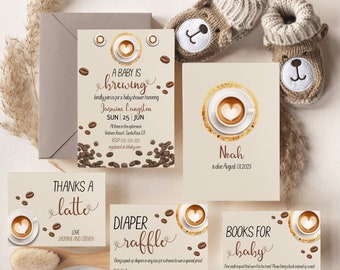 Baby is Brewing Baby Shower Invitation Bundle, Coffee Theme Baby Shower Insert Card, Editable Gender Neutral Invite set, Thank You Card-CF13