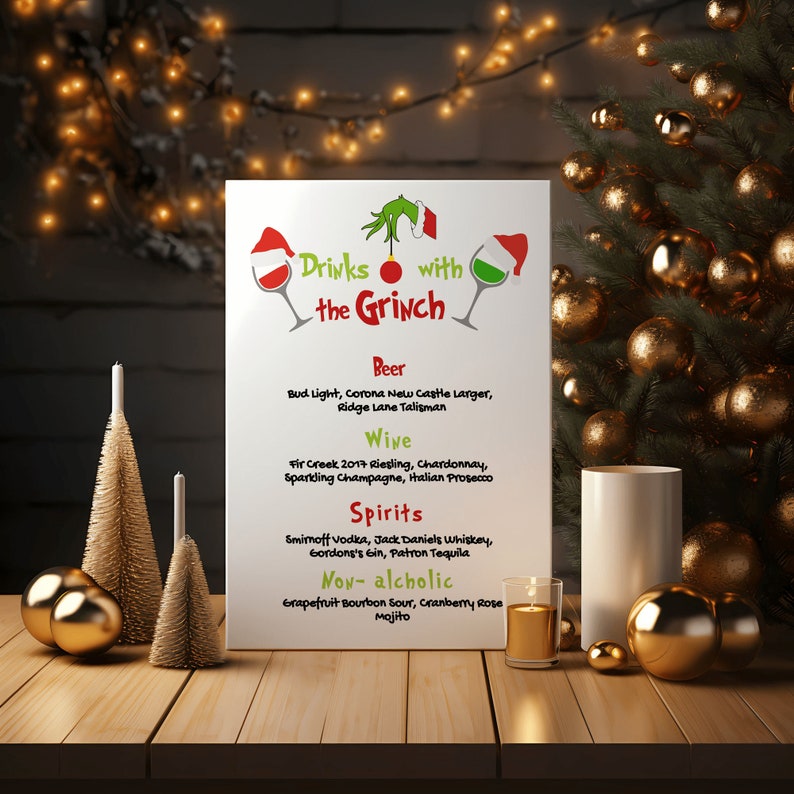 Grinch Christmas Party Bar Menu Template, Christmas Party Drink Sign