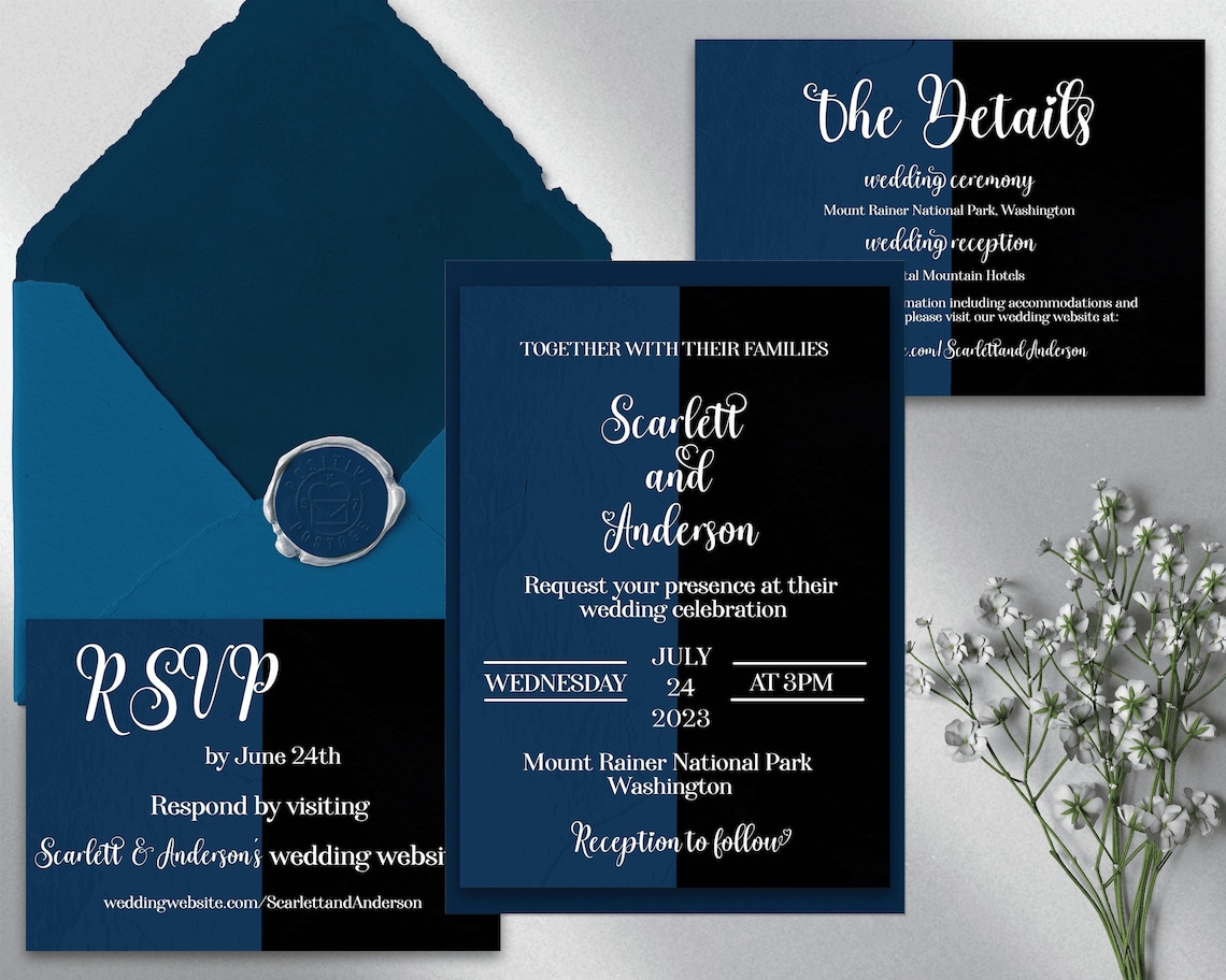 Navy Blue and Black Wedding Invitation Template Wedding image 1