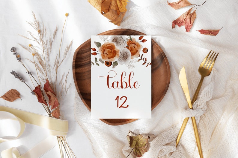 Fall Floral Wedding Table Number Card, Rustic Autumn Wedding Seating Plan, Burnt Orange Wedding Table Number Template, Editable HARP image 1