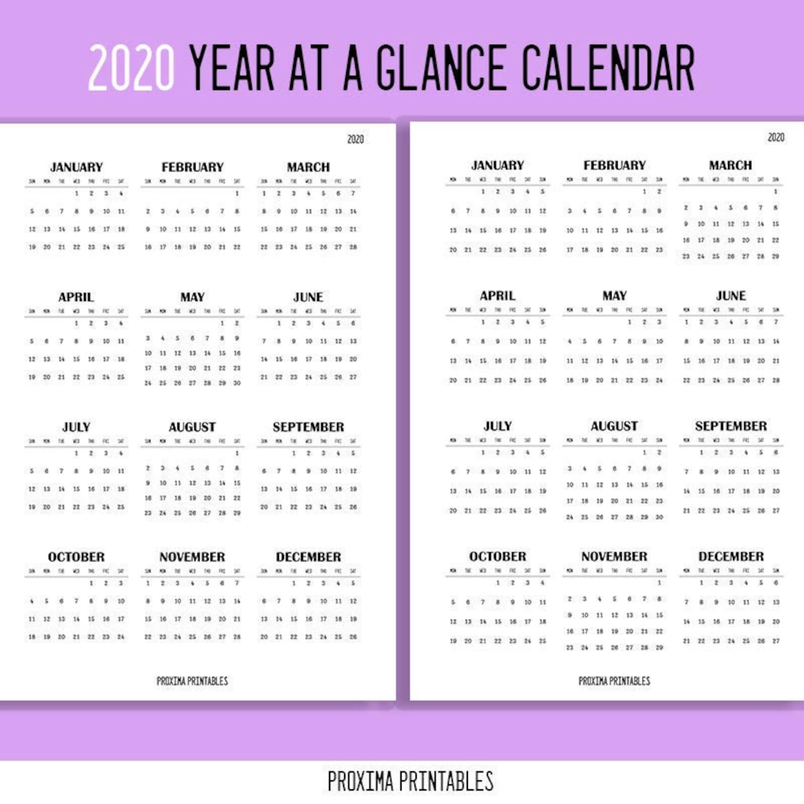 Instant Download 2020 Year At A Glance Insert Printable Etsy