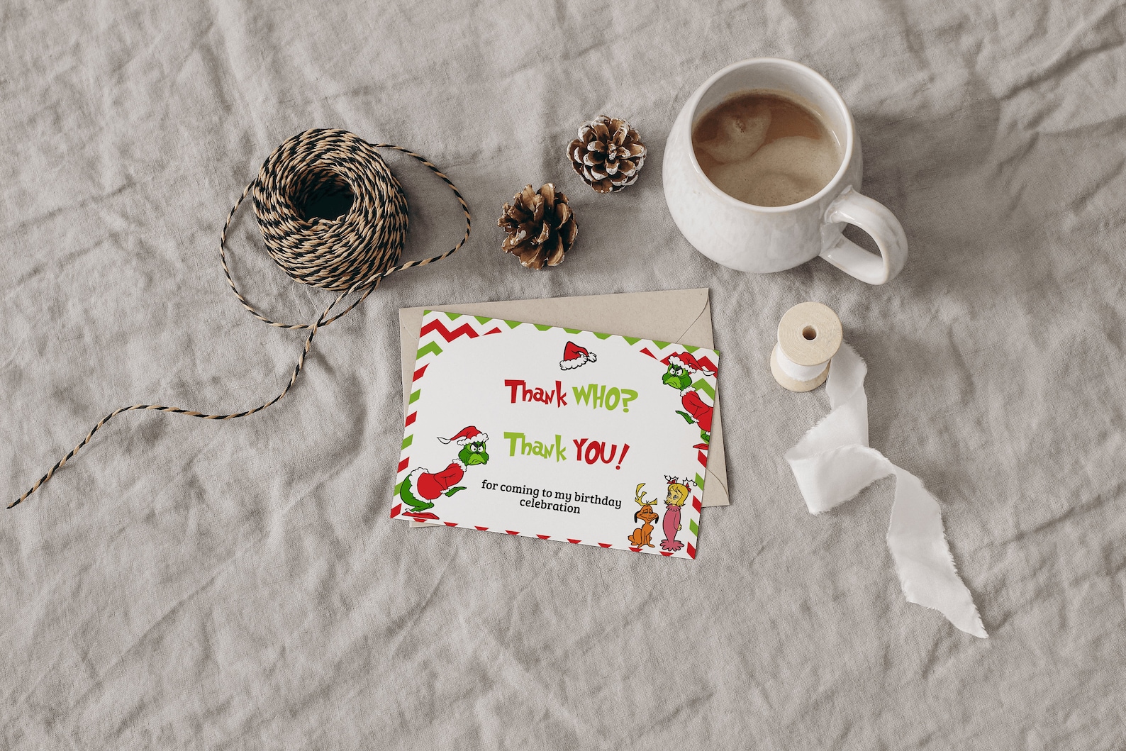 Grinch Christmas Thank You Card, Editable Grinchmas Birthday Thank You