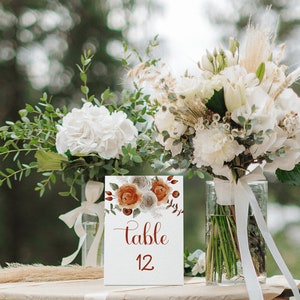 Fall Floral Wedding Table Number Card, Rustic Autumn Wedding Seating Plan, Burnt Orange Wedding Table Number Template, Editable HARP image 3