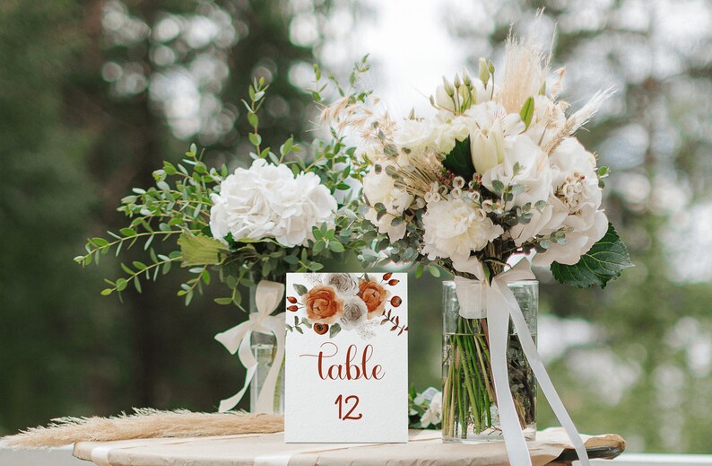 Fall Floral Wedding Table Number Card, Rustic Autumn Wedding Seating Plan, Burnt Orange Wedding Table Number Template, Editable HARP image 3