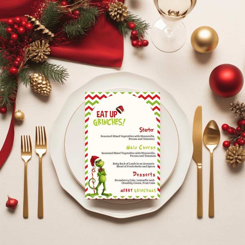 Grinch Christmas Menu Card Template Editable Eat up Grinches Menu