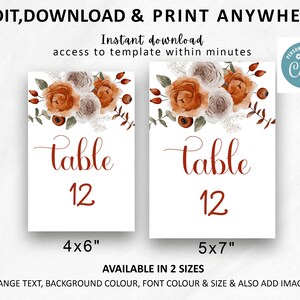 Fall Floral Wedding Table Number Card, Rustic Autumn Wedding Seating Plan, Burnt Orange Wedding Table Number Template, Editable HARP image 5