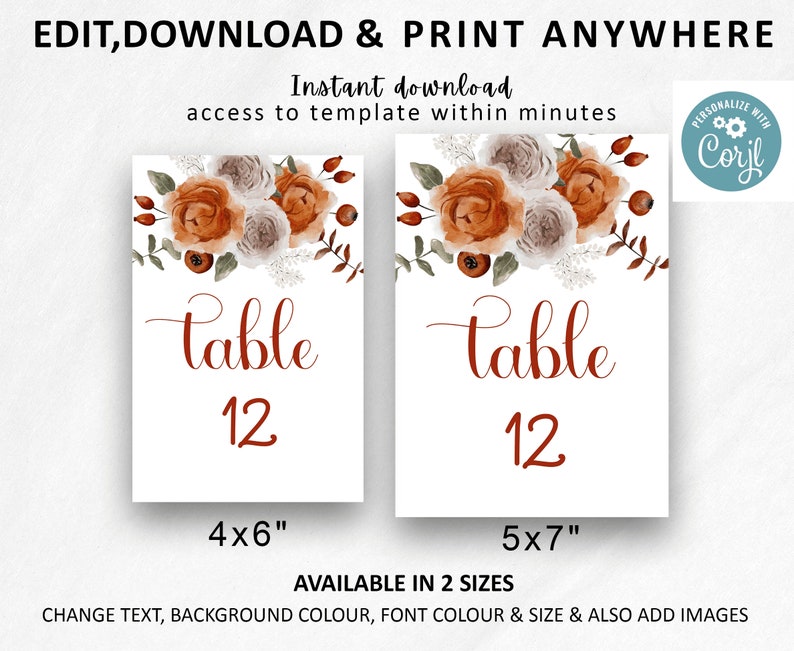 Fall Floral Wedding Table Number Card, Rustic Autumn Wedding Seating Plan, Burnt Orange Wedding Table Number Template, Editable HARP image 5