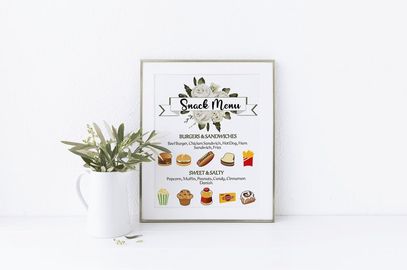 Editable Snack Menu Template, Floral Snack Bar, Wedding Snack Menu ...