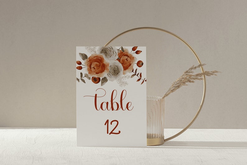 Fall Floral Wedding Table Number Card, Rustic Autumn Wedding Seating Plan, Burnt Orange Wedding Table Number Template, Editable HARP image 2