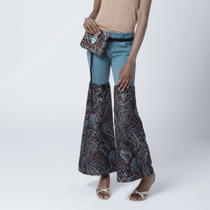 Upcycled flared/bell bottom denim and silk paisley brocade pants, Size 0 or XS, Vintage inspired for Fall, One of a kind design