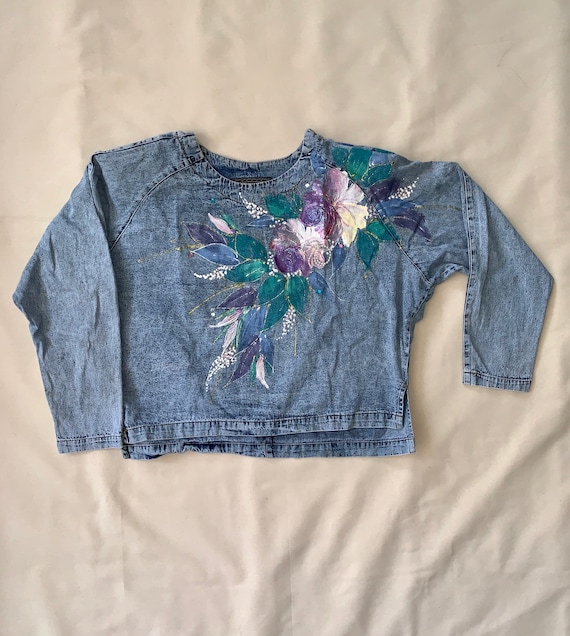 Hand painted washed denim blouse, shoulder pads, S