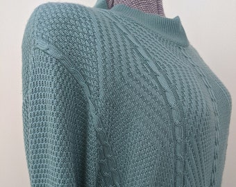 Vintage 1980s Alfred Dunner, Cable Knit, Sage Blue Green, Pullover Sweater. Oversized, Lightweight Crew Neck of Soft Acrylic Knit.